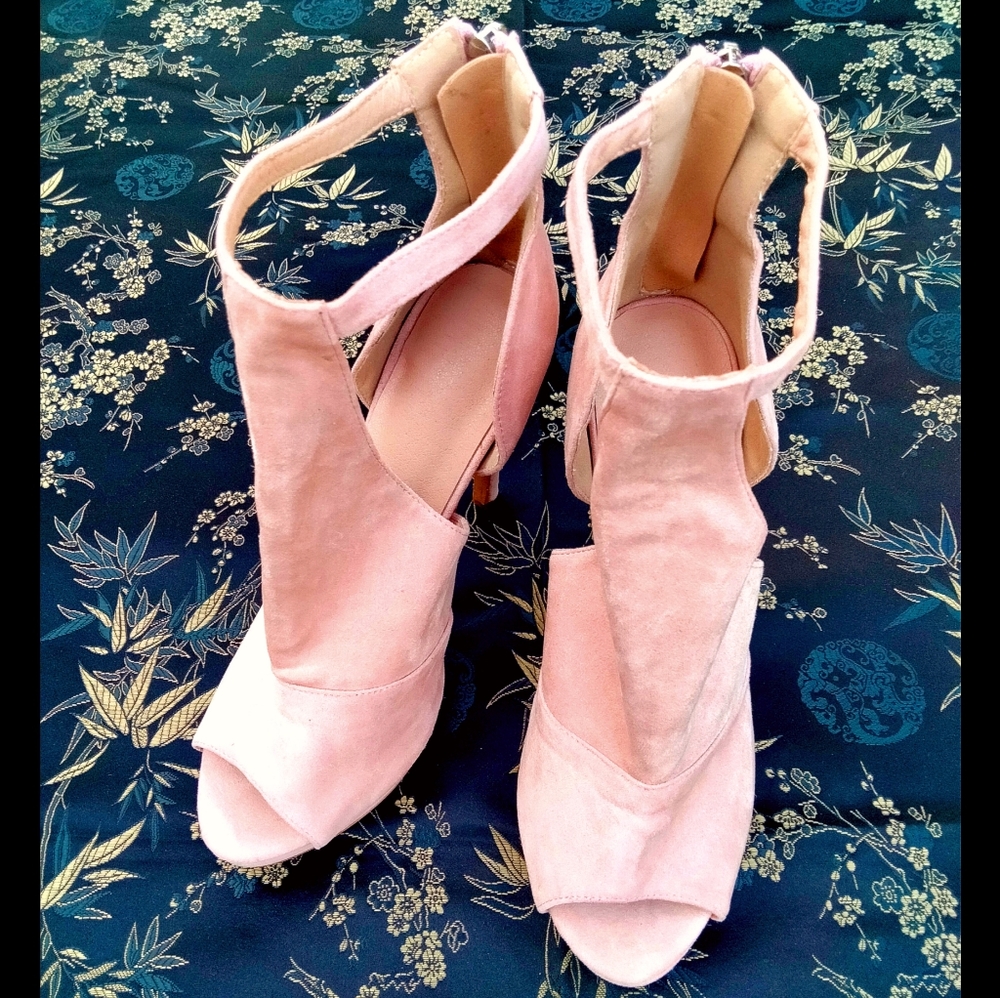Baby Pink Suede Peep Toe High Heels